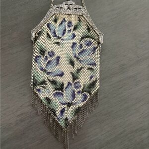 Vintage Floral Enamel 1920s Mesh Flapper Purse - Blue & Silver